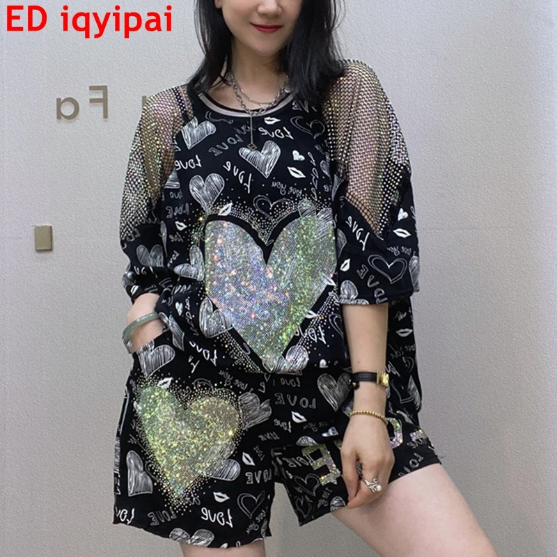 Top Trends: ED Iqyipai Women Set Mesh Fabric Spliced Short Set Women Loose Summer Tees And Shorts 2PCS Casual Sequinis Thin Suit Shoppable Styles