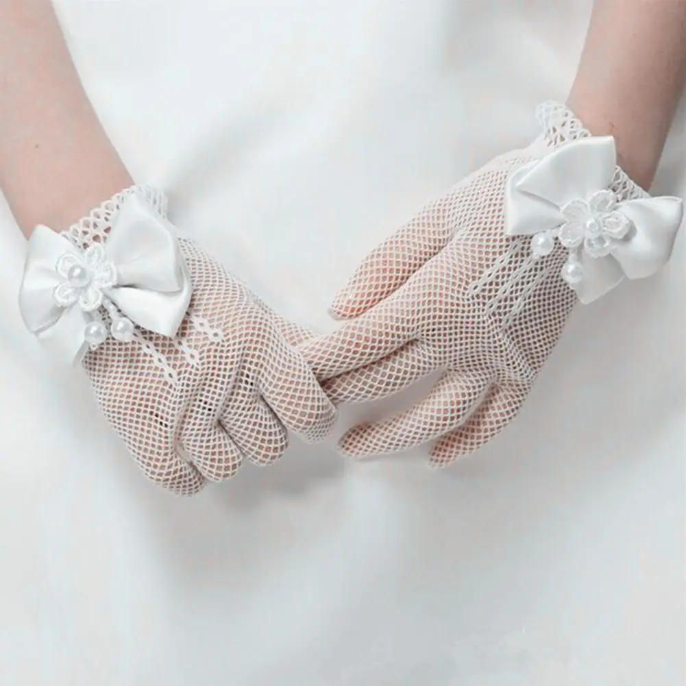 Top Trends: Wedding Flower Children Gloves See-through Hollow Out Big Bow-knot Fishnet Beads Prom Gloves Kid Gloves 1 Pair Shoppable Styles