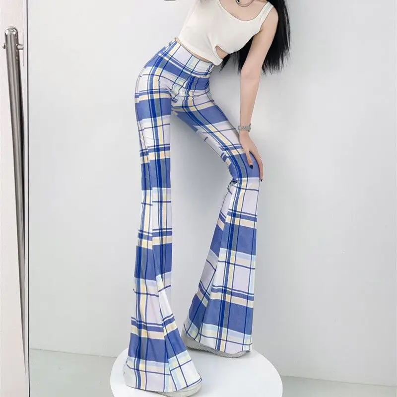 Top Trends: European American Personalized Street Versatile Slim Flare Pants Women Spring Summer Thin High Waist Elastic Y2K Plaid Trousers Shoppable Styles