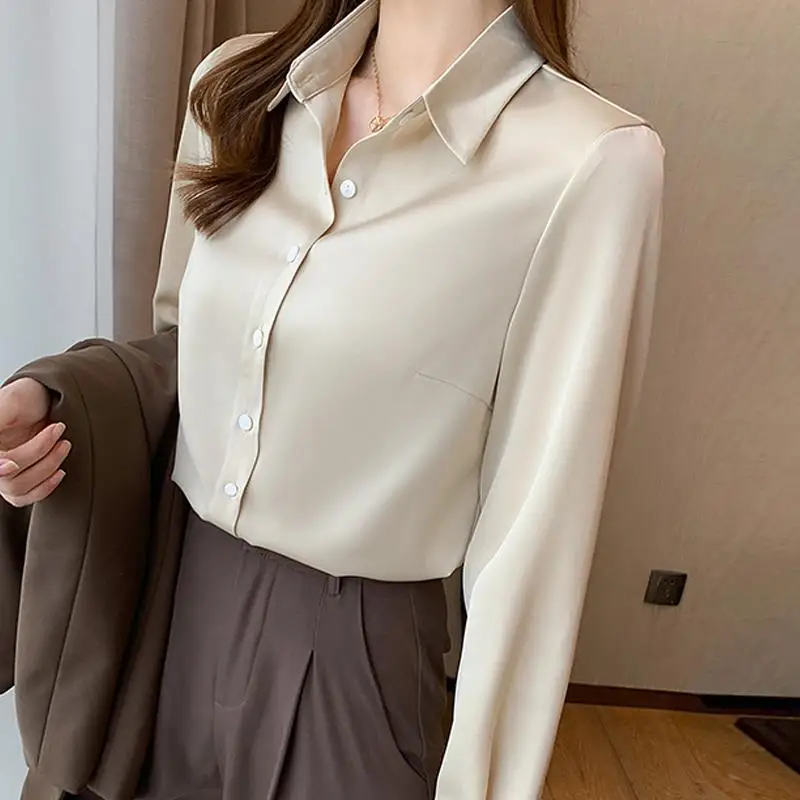 Top Trends: Elegant Solid Color Lapel Button All-match Satin Shirt Women Clothing 2022 Autumn New Casual Tops Long Sleeve Office Lady Blouse Shoppable Styles