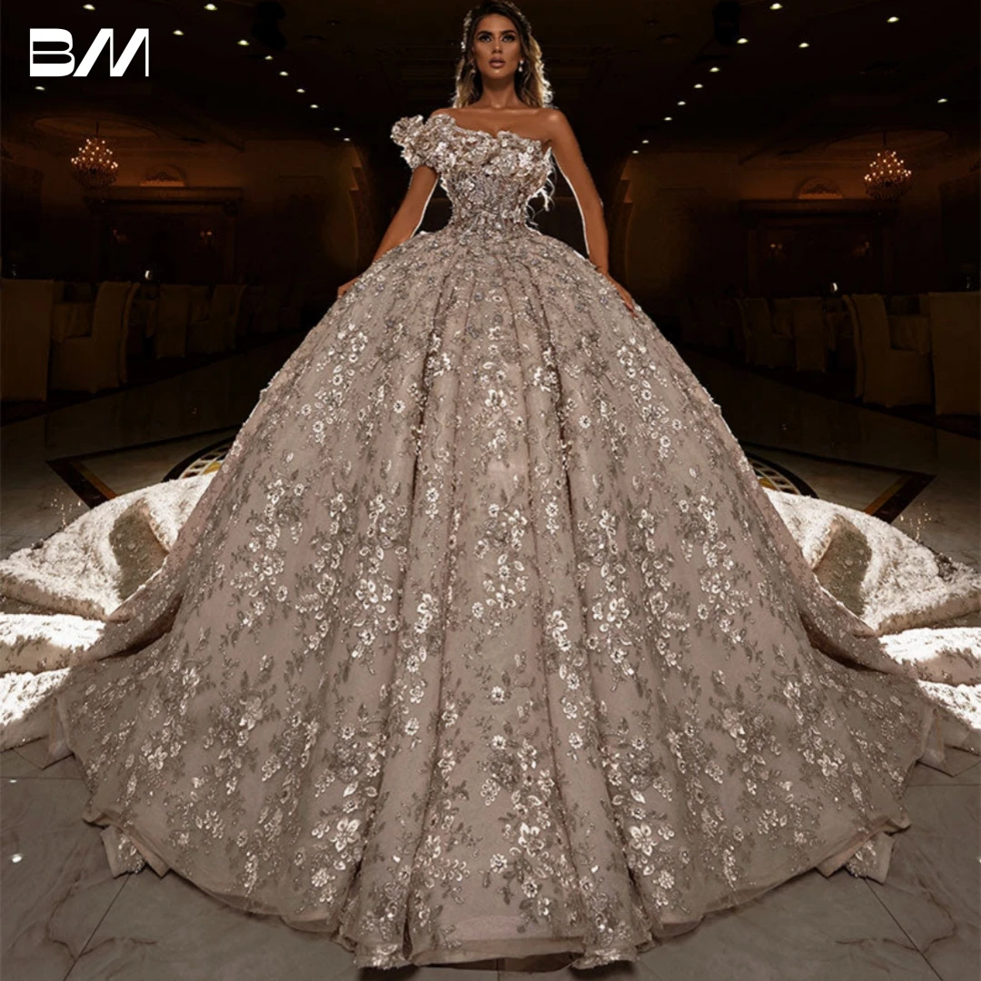 Top Trends: Luxury Beaded Glitter Wedding Gown One Shoulder Chaple Train Floral Appliqued Bride Dresses Ball Gown Plus Size Bridal Gown Shoppable Styles