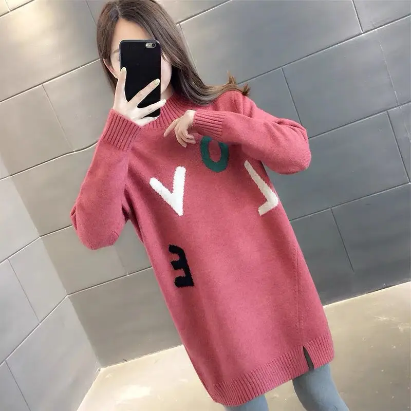 Top Trends: Autumn And Winter Fashion Women's Solid Color Letter Midi Sweaters Korean Casual Half High Collar Knitted Tops Female Clothing Shoppable Styles