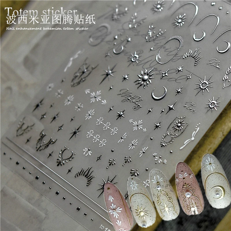 Top Trends: 3D Bronzing Silver Nail Art Sticker 8*10CM Laser Bohemia Star Moon Sun Nail Decals Self-Adhesive Silver Manicure Slider NKW-52T Shoppable Styles