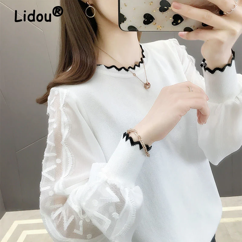 Top Trends: Autumn Winter Korean Fashion Women's Lace Chic White Black Long Sleeve Knitwear Loose Pullover Basic Top Female Blouses Clothing Shoppable Styles