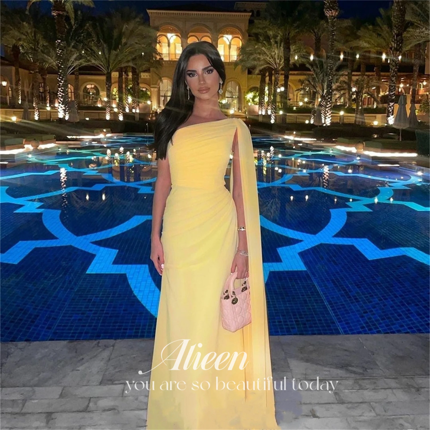 Top Trends: Elegant Long One Shoulder Chiffon Evening Dresses With Cape Sheath Yellow Pleated Zipper Back فساتين السهرة Prom Gowns For Women Shoppable Styles