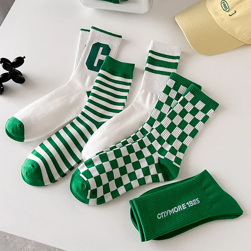 Top Trends: Fashion Green Plaid Socks Woman Ins Korean Style Letter Cute Socks Spring Summer Cotton White Long Socks Harajuku Calceines Shoppable Styles