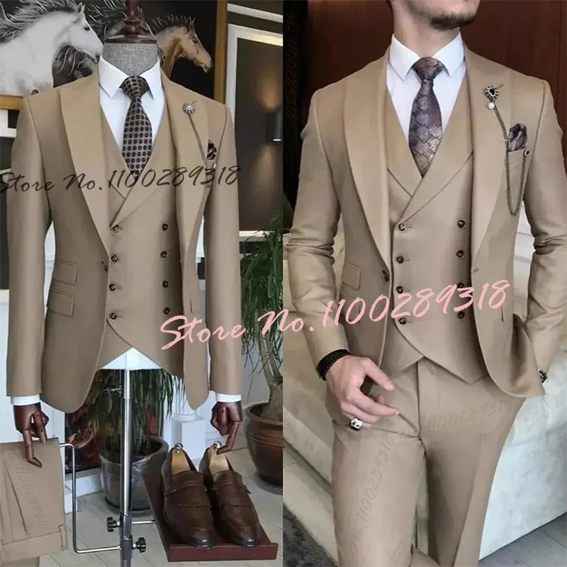 Top Trends: 2023 New Khaki Luxury Men Suits Set Slim Fit Formal Wedding Groom Wear Tuxedos Terno Masculino Custom 3 Piece(Blazer+ Vest+ Pants) Shoppable Styles