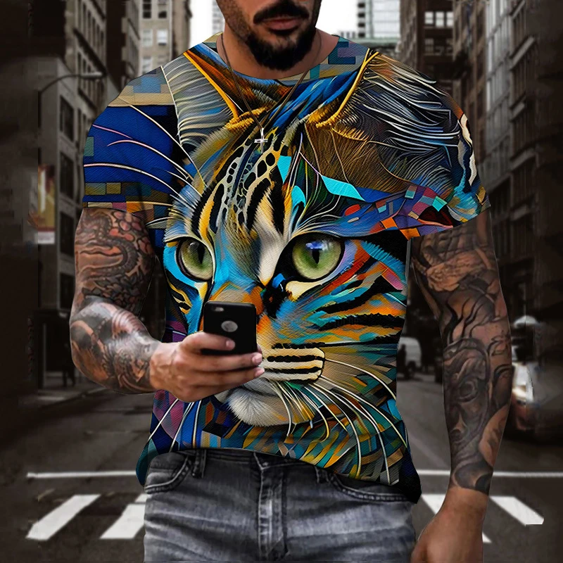 Top Trends: Summer 3d Print Men'S T Shirts Funny Blue Cat Pattern T-Shirt Fashion Short-Sleeved Top Tee Crew Neck Breathable Shirt For Men Shoppable Styles