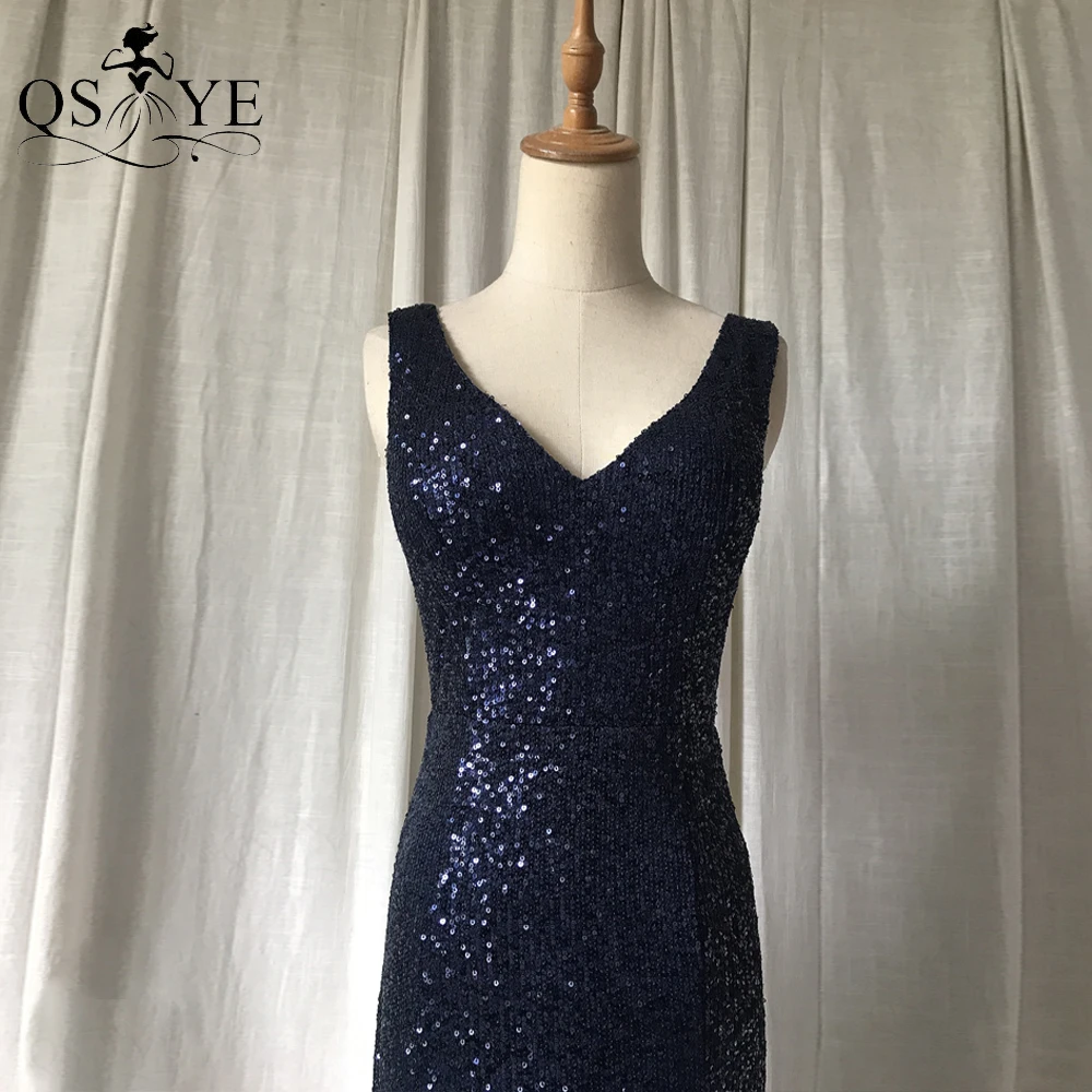 Top Trends: Sequin Navy Evening Dresses V Neck Long Mermaid Prom Gown Sleeveless Tulle Hem Party Dress Glitter Lace Sequin Women Dress Chic Shoppable Styles - Image 2