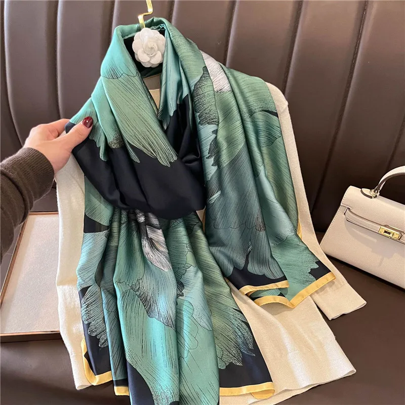 Top Trends: Vintage Green Lotus Print Silk Scarf Women Elegant Shawl Classic Outdoor Windproof Satin Head Wrap Travel Beach Towel 180*90Cm Shoppable Styles