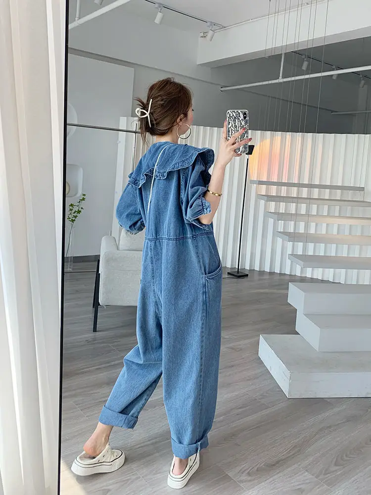 Top Trends: Jumpsuits Women 2022 New Fashion Autumn Spring Jeans Doll Collar Solid Full Length High Waist Loose Jump Suits For Women Shoppable Styles