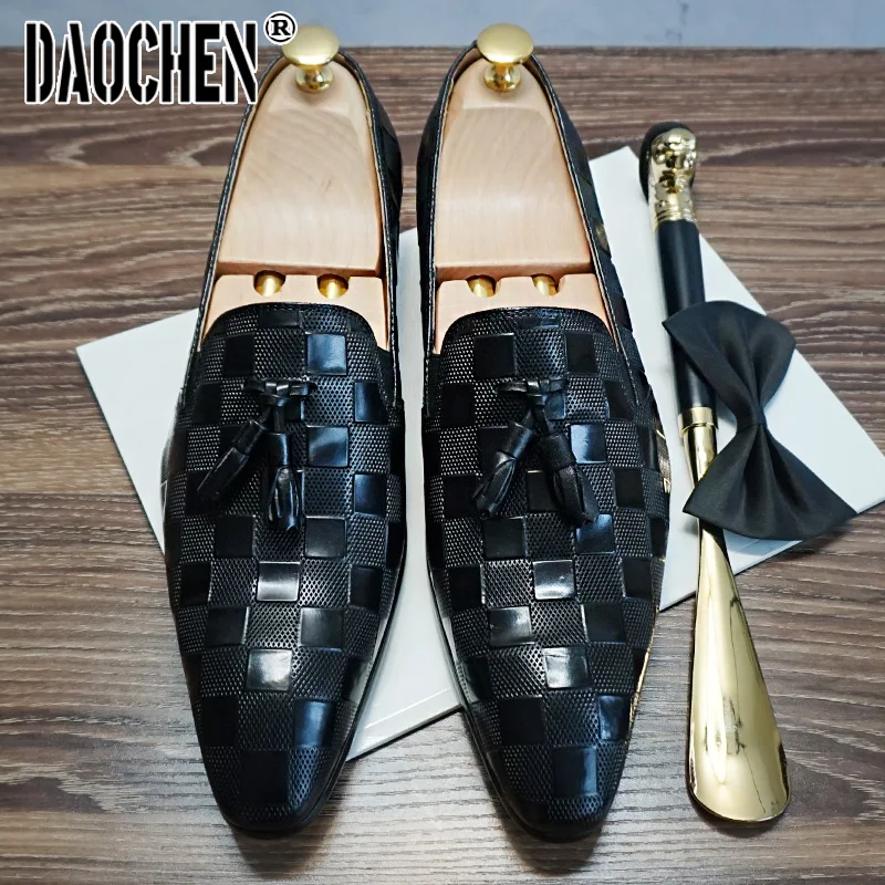 Top Trends: Italian Men Loafers Shoes Black Brown Mens Dress Casual Shoes Plaid Prints Slip On Wedding Office Leather Shoes For Men Shoppable Styles - Image 3