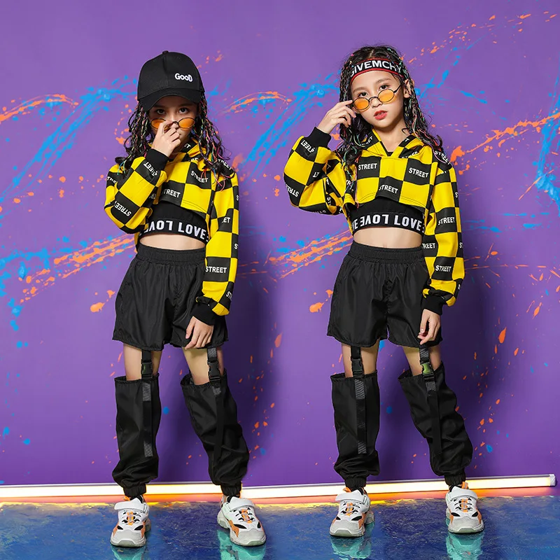 Top Trends: Hip Hop Girls Clothing Yellow Checkerboard Tops Hip Hop Hollow Out Pants For Kids Performance Jazz Modern Dancing Costume Shoppable Styles