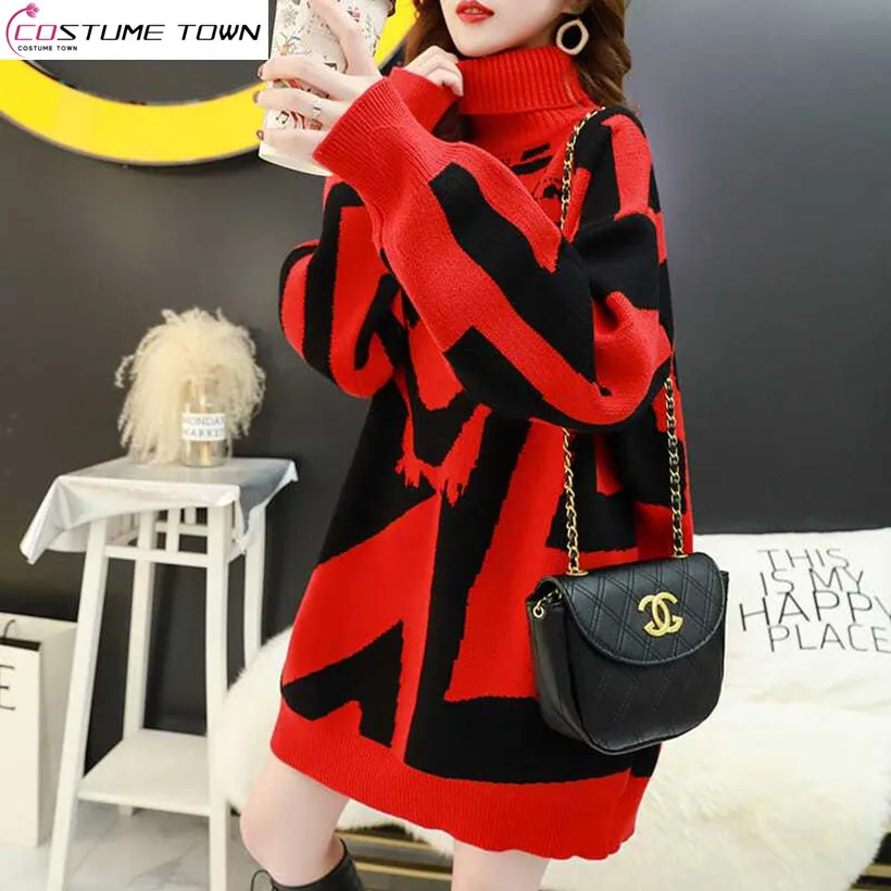 Top Trends: High Collar Red Sweater Women's Mid Length Autumn / Winter 2023 New Loose Korean Version Age Reducing Elegant Women's Coat Shoppable Styles