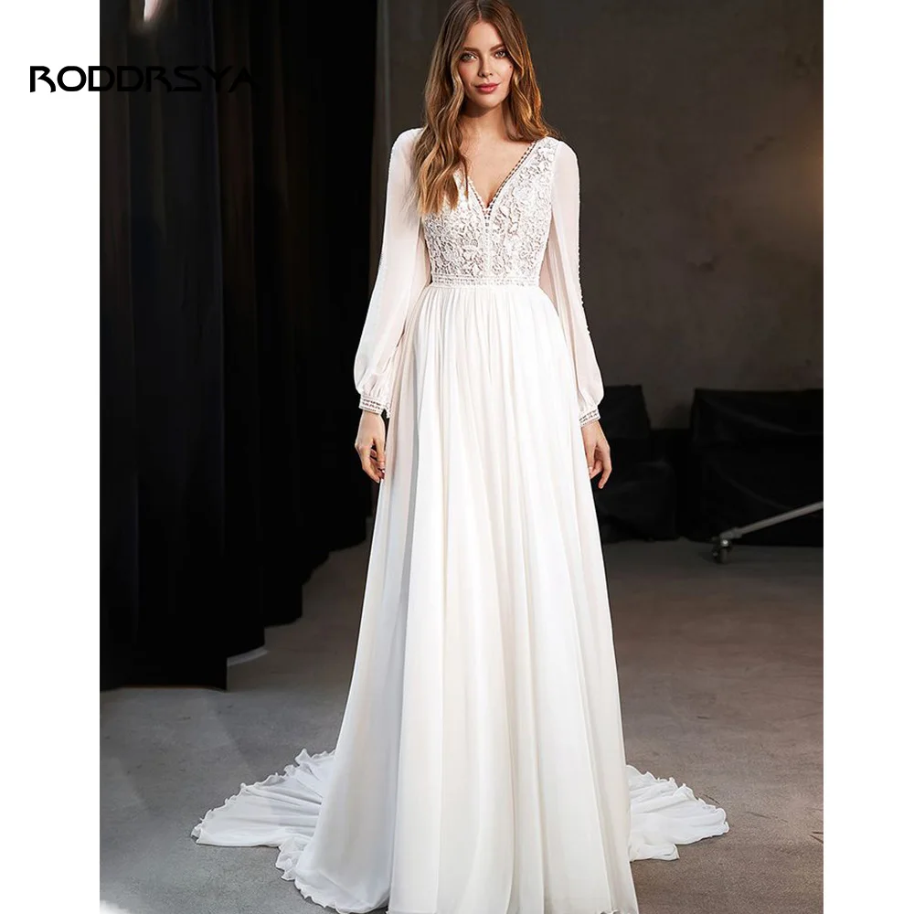 Top Trends: RODDRSYA Boho A Line Wedding Dress V Neck Lace Appliques Beadind Sleeve Chiffon Bride Gown Illusion Back Civil Vestidos De Novia Shoppable Styles