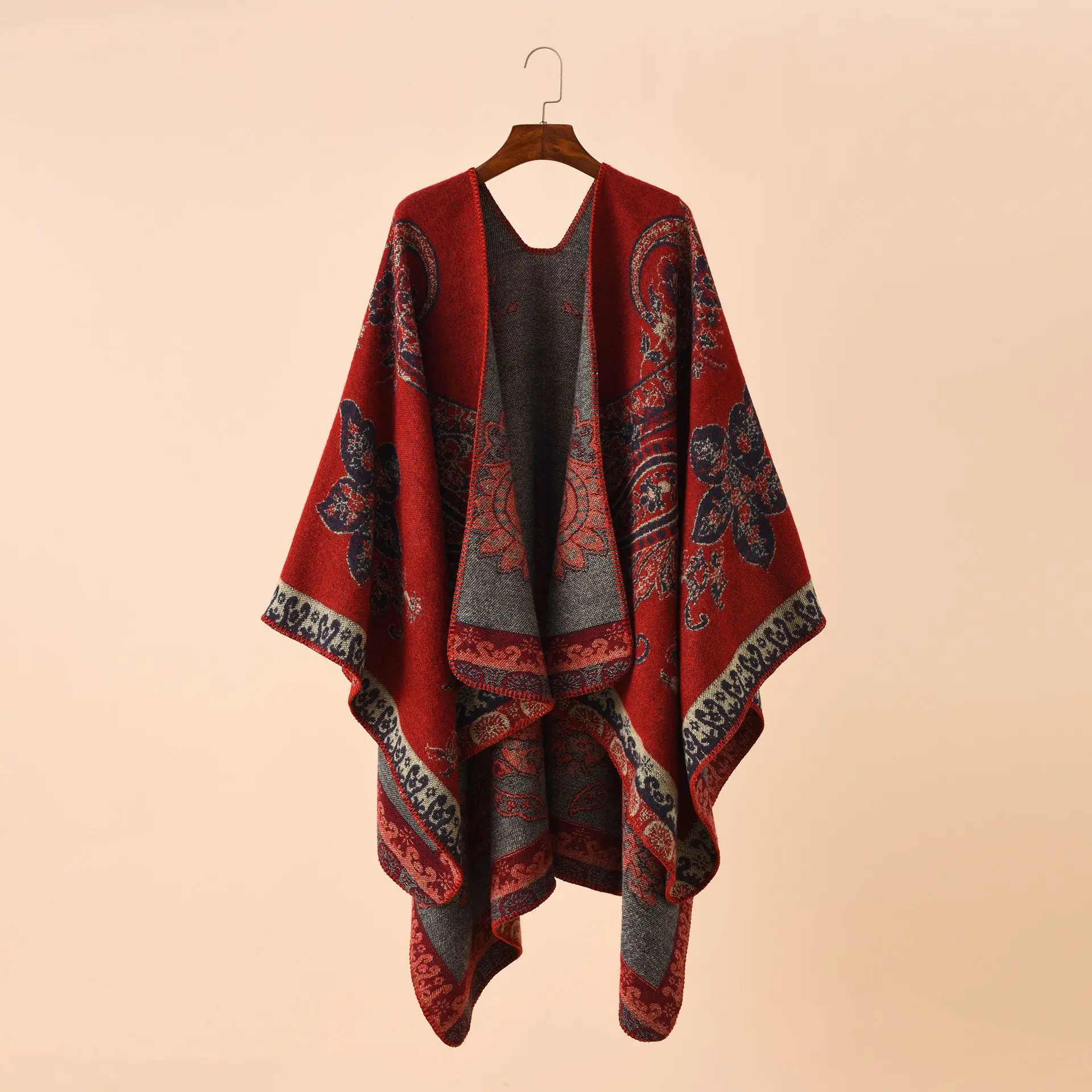 Top Trends: 2022 Autumn Winter New Street Geometric Lattice Flower Pattern Imitation Cashmere Warm Shawl Cloak Women Poncho Capes Red Shoppable Styles