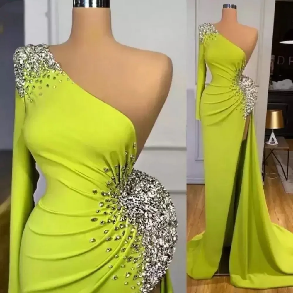 Top Trends: 2023 Amazing One Shoulder Evening Dresses Crystals Beads Mermaid High Split Sexy Women Dubai Formal Party Prom Gowns Long Sleeve Shoppable Styles