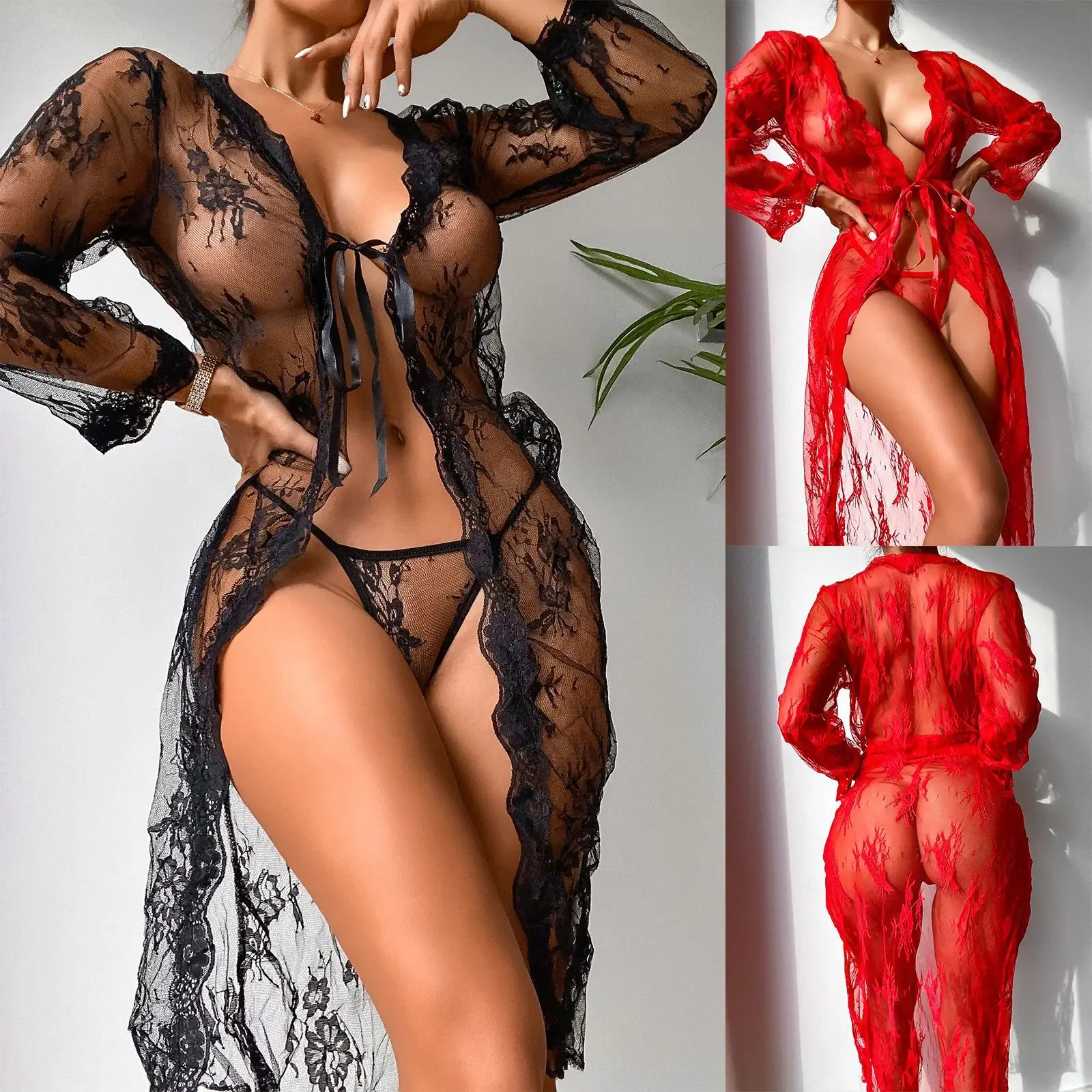 Top Trends: 2022 Women Silk Robes Sleepwear Dress Long Sleeve Lace Patchwork Sexy Lingerie Pajamas With Panties Underwear 2PCS Set Shoppable Styles