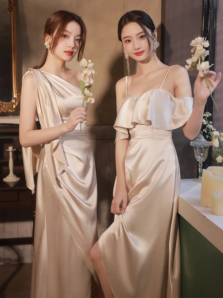 Top Trends: Champagne Satin Women Bridesmaid Dresses Summer Simple One Shoulder Split Long Party Dress Female Fashion Slim Prom Gown Shoppable Styles