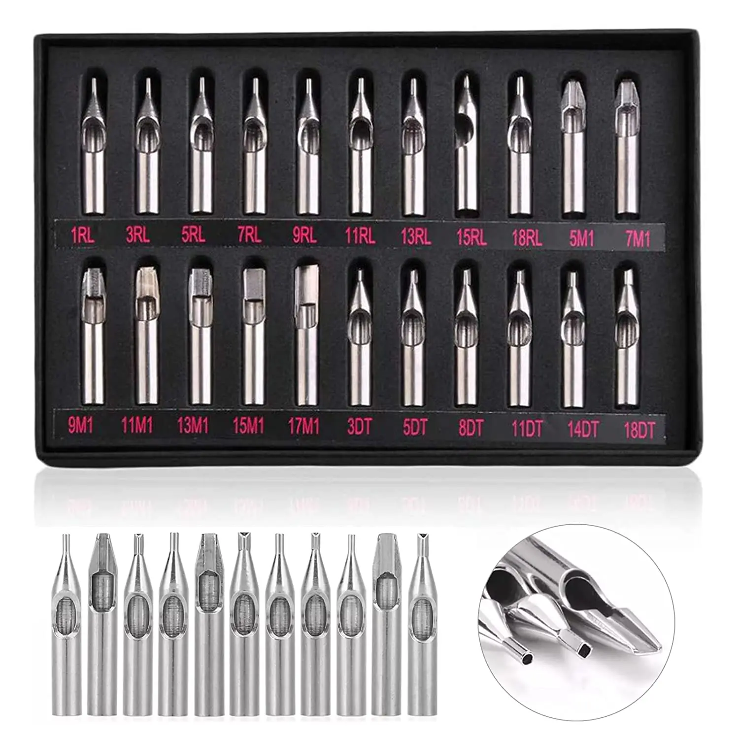 Top Trends: 22 / 11pcs Stainless Steel Tattoo Tips Set Mixed RT FT DT Round Flat Diamond Assorted Types Tattoo Tip Tube Kit For Tattoo Machine Shoppable Styles