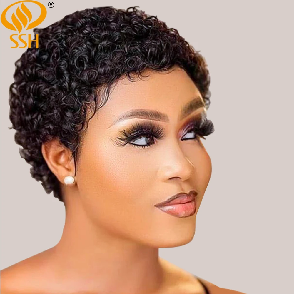 Top Trends: Afro Curly Short Wigs 100% Human Hair Curly Wig With Bangs Pixie Cut African Fluffy Curly Wigs For Women 1B Blond Red Wine Color Shoppable Styles