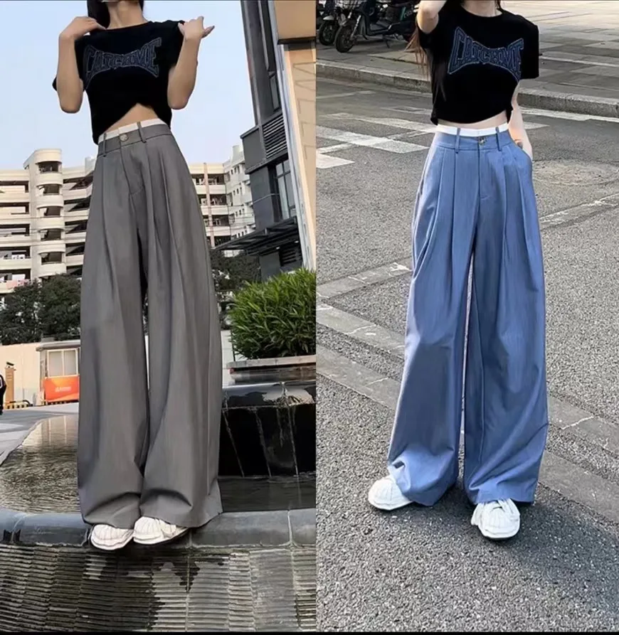 Top Trends: 2023 Summer Thin Loose Drop Suit Wide Leg Pants Contrast Waist High Waist Straight Tube Loose Floor Dragging Pants Shoppable Styles