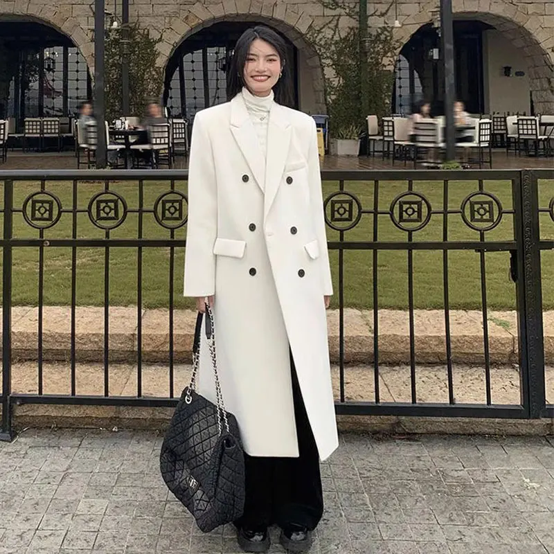 Top Trends: Korea White Windbreaker Woolen Coat Woman Winter Autumn Turn Down Collar Double Breasted Thick Warm Long Ladies Coat Outwear Shoppable Styles