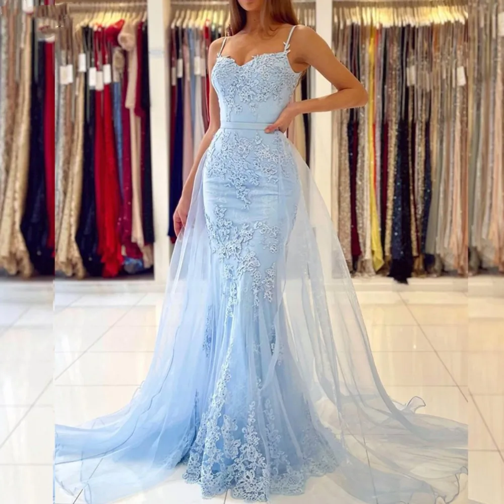 Top Trends: 2023 Light Blue Mermaid Prom Dresses Long Sweetheart Appliques Lace Evening Dress 2023 Detachable Tulle Train Formal Party Gowns Shoppable Styles