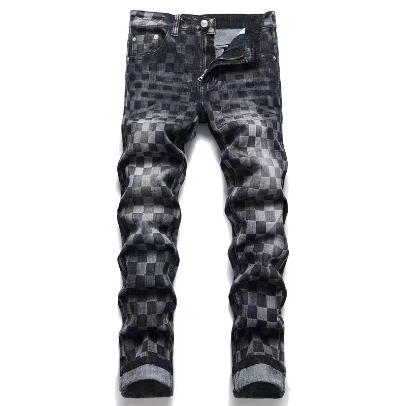 Top Trends: EH·MD® Checkered Embroidered Jeans Men&#039;s High Elastic Slim Cotton Leather Standard High Street Luxury Pants 3D Printing Gradient Shoppable Styles