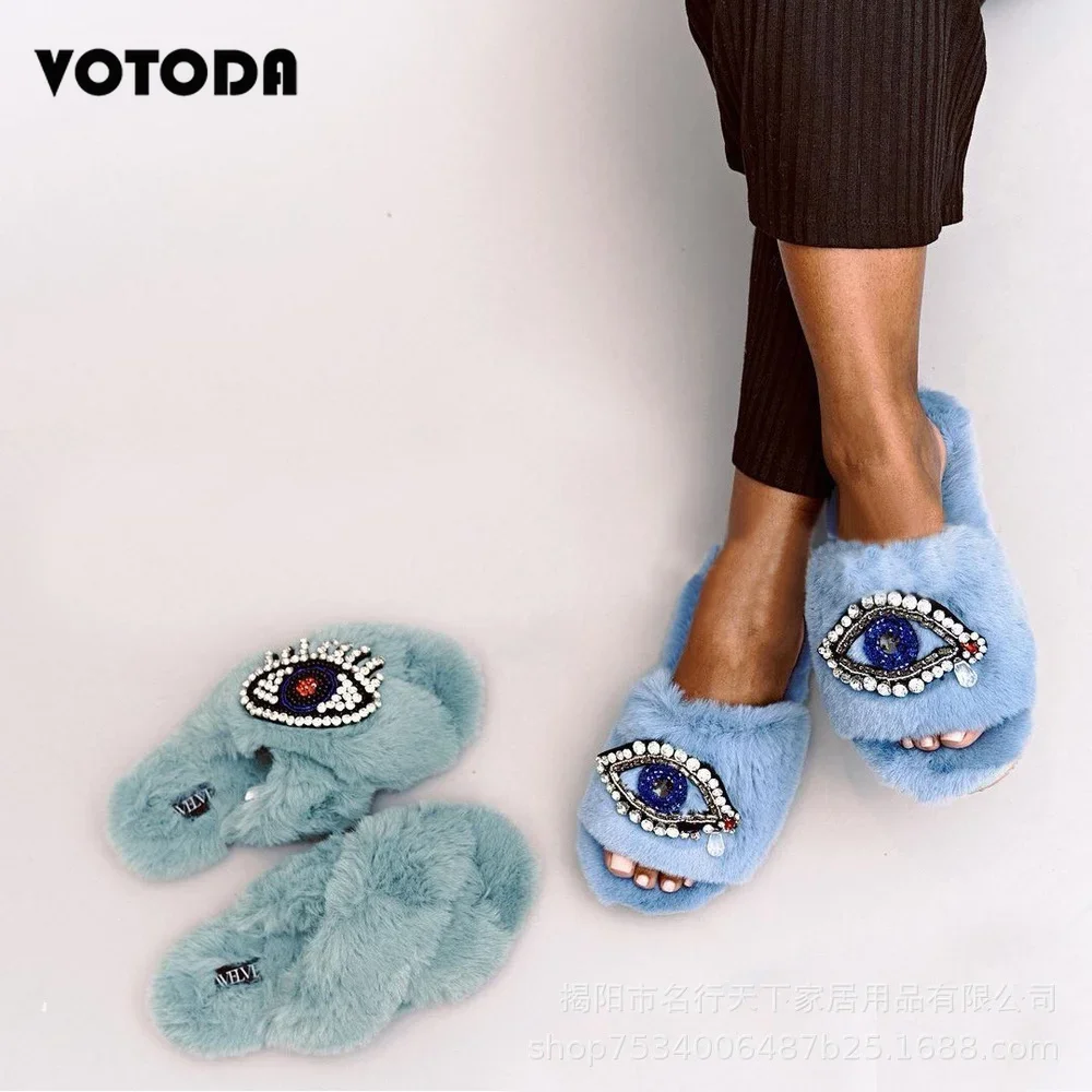 Top Trends: Women Shoes Winter Fur Fur Slides For Women Cross Flat Rhinestone Eyes Slippers Fluffy Faux Fur Plush Slides Zapatos De Mujer Shoppable Styles - Image 3