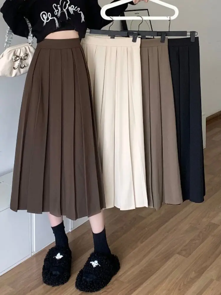 Top Trends: HOUZHOU Long Pleated Skirt Women Vintage Korean Fashion Solid High Waist A-line Midi Skirt School Girl Elegant Casual Autumn Shoppable Styles