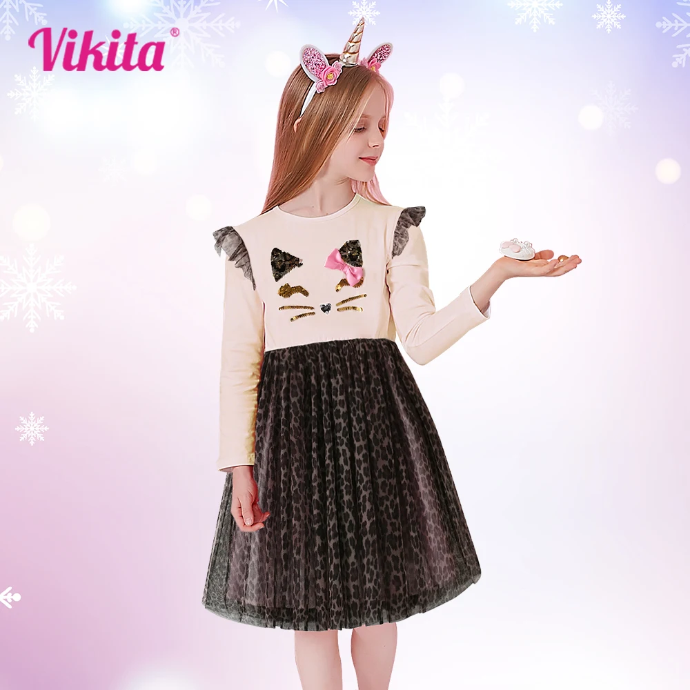 Top Trends: VIKITA Girls Long Sleeve Dress Kids Leopard Print Girls Gauze Skirt Dress Ball Gowns Kids Clothing 3-8 Years Shoppable Styles