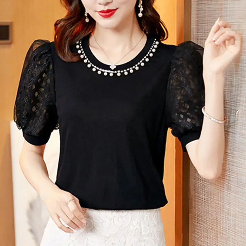 Top Trends: Fashion O-Neck Beading Lace Hollow Out Puff Sleeve Blouse Women Clothing 2023 Summer Oversized Casual Tops Office Lady Shirt Shoppable Styles