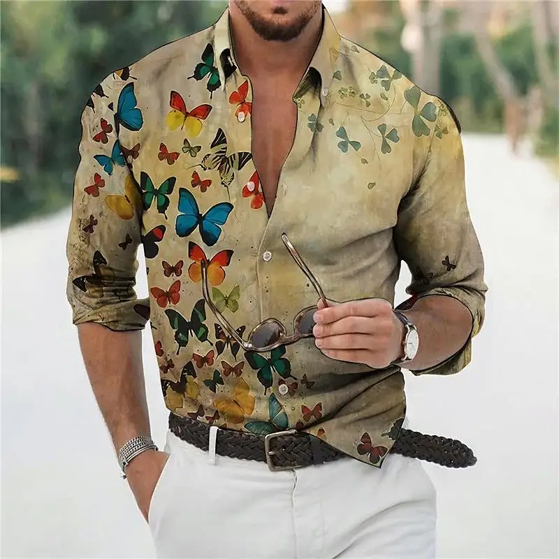 Top Trends: 2023 Men's Hawaiian Butterfly Shirt 3D Printed Long-sleeved Flower Shirt Beach V-neck Oversize T-shirt Men's Summer Dress 6XL Shoppable Styles