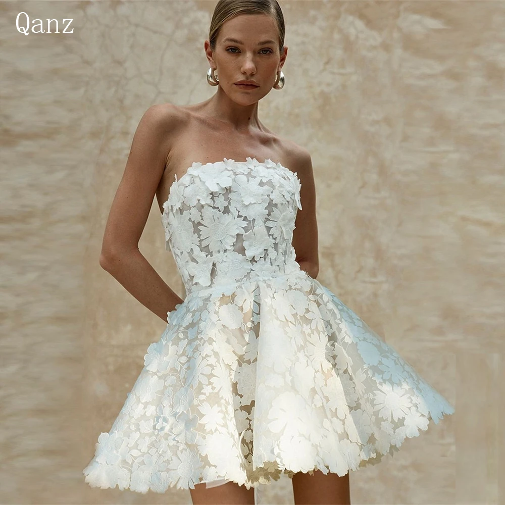 Top Trends: Qanz Vintage A Line Boho Short Wedding Dresses Sleeveless Strapless 3D Flowers Above Knee Bridal Gowns Women Vestidos De Novia Shoppable Styles