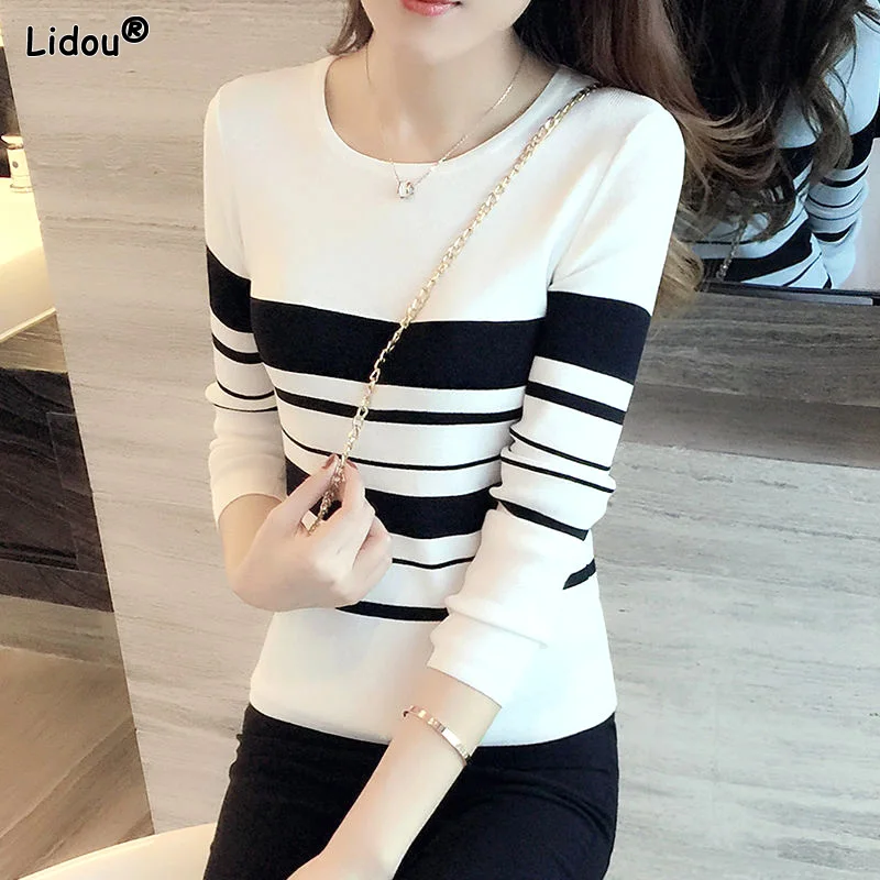 Top Trends: Skinny Round Neck Solid Striped Patchwork Casual T-Shirts Bottoming Simplicity Women's Clothing Temperament Thin Autumn Winter Shoppable Styles