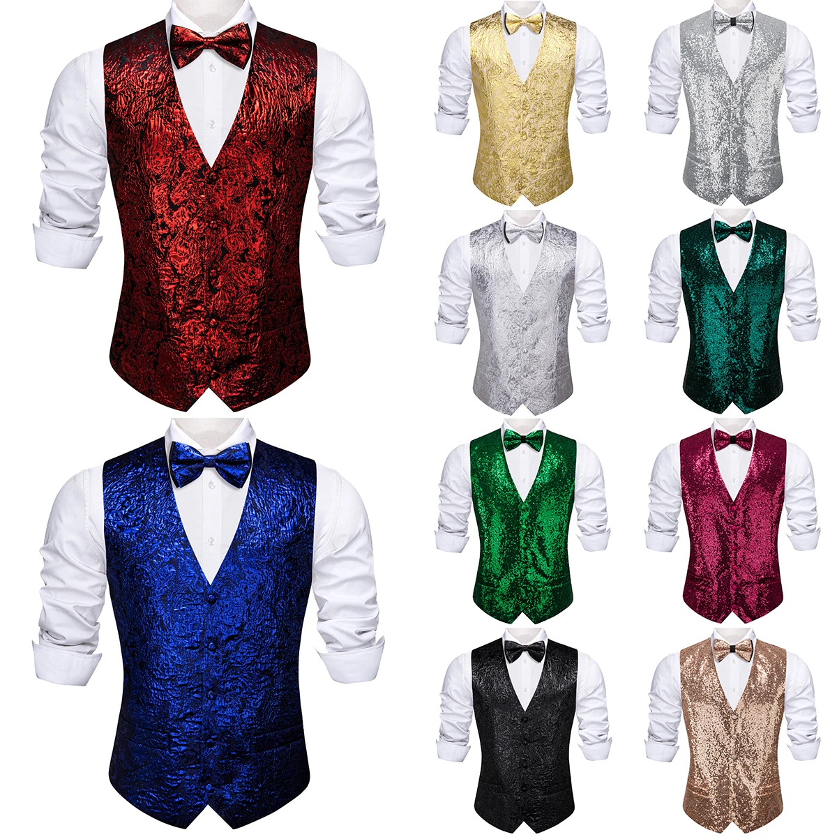 Top Trends: Designer Vest For Men Silk Shine Red Blue Silver Gold Green Khaki Solid Plain Waistcoat Bowtie Set Party Formal Barry Wang Shoppable Styles