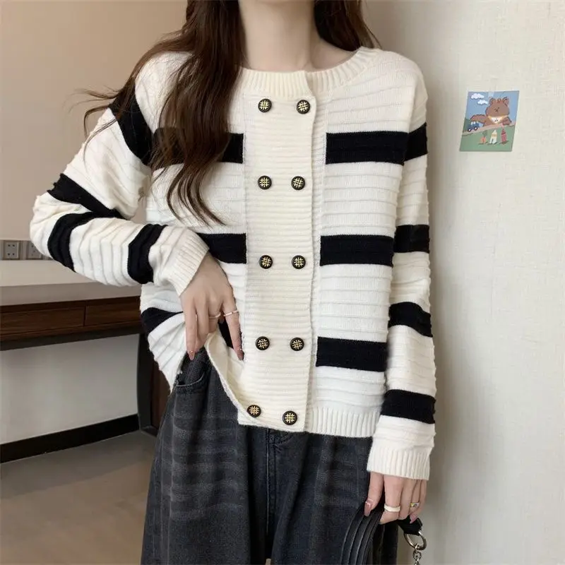 Top Trends: Autumn Winter Vintage Striped Patchwork Cardigan Sweater Ladies Casual Fashion All-match Knitted Outwear Coat Women Jacket Top Shoppable Styles