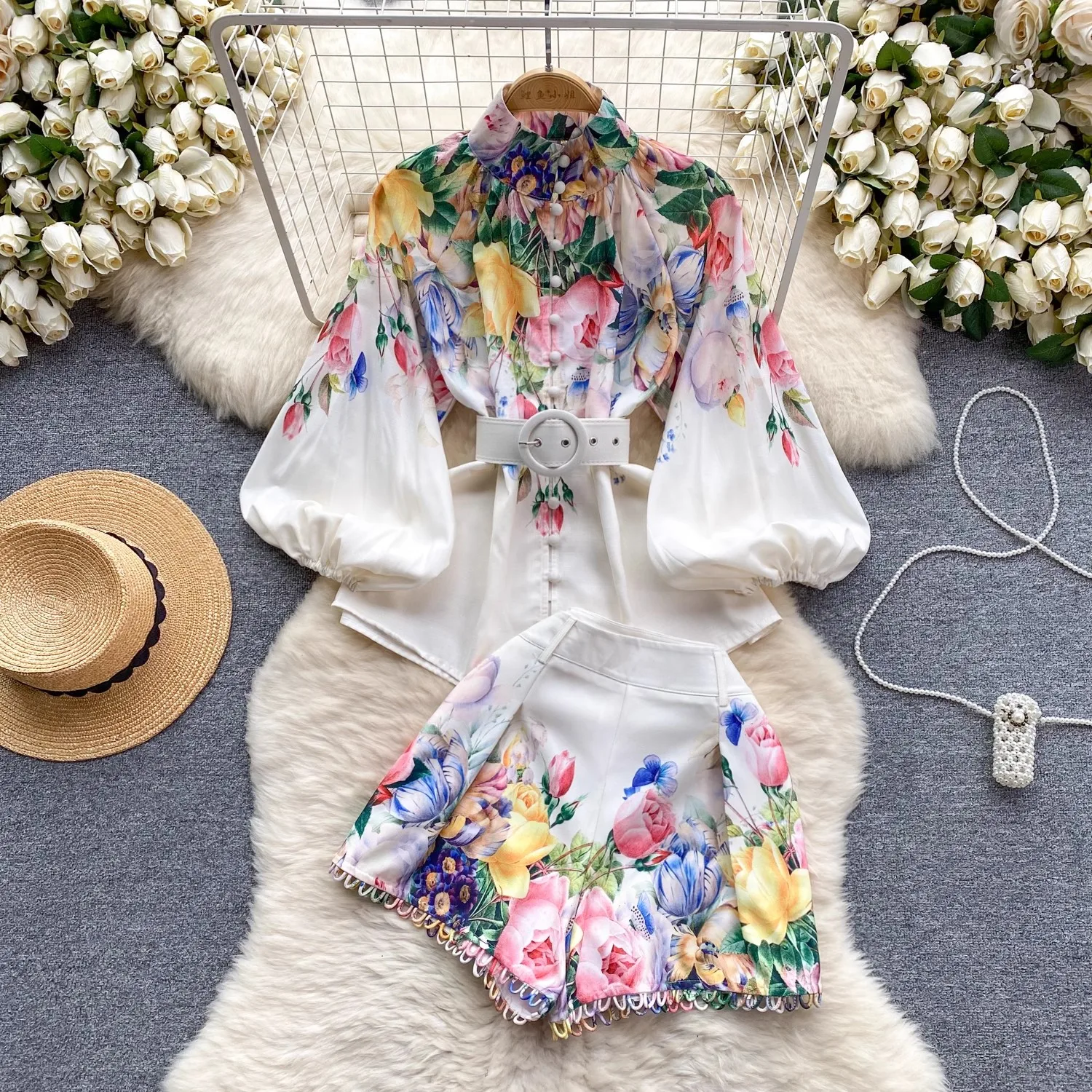 Top Trends: Summer Runway Two Piece Shorts Suit Women Stand Lantern Sleeve Printed Loose Belt Blouses + Hollow Hem Shorts Matching Sets Shoppable Styles