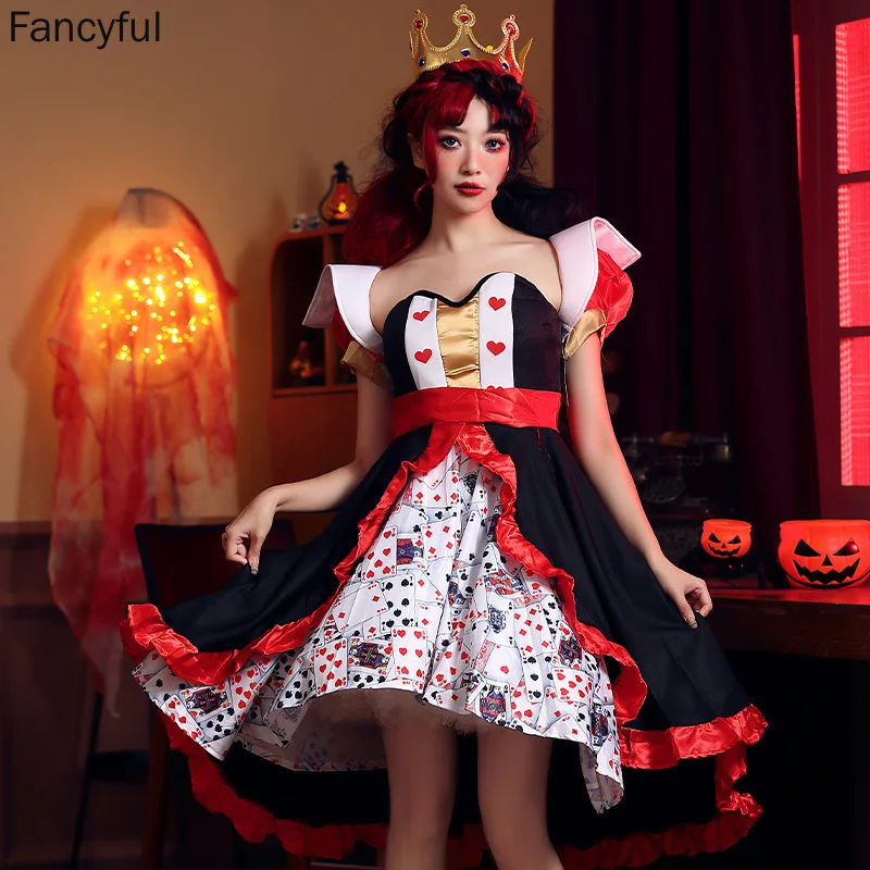 Top Trends: Halloween Costumes Red Queen Poker Printed Dresses For Women Alice In Wonderland Peach Heart Queen Character Costume Sexy Dress Shoppable Styles