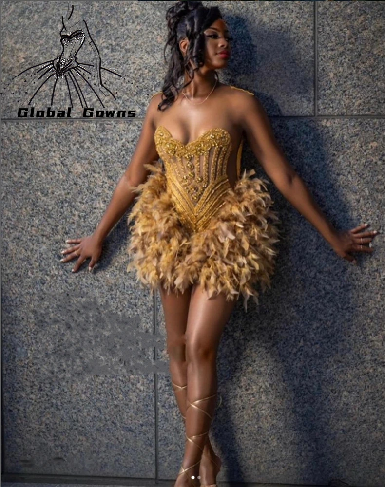 Top Trends: Gold Beaded Short Prom Dress For Black Girls O Neck Birthday Party Dresses Feathers Mermaid Mini Cocktail Homecoming Robe Shoppable Styles