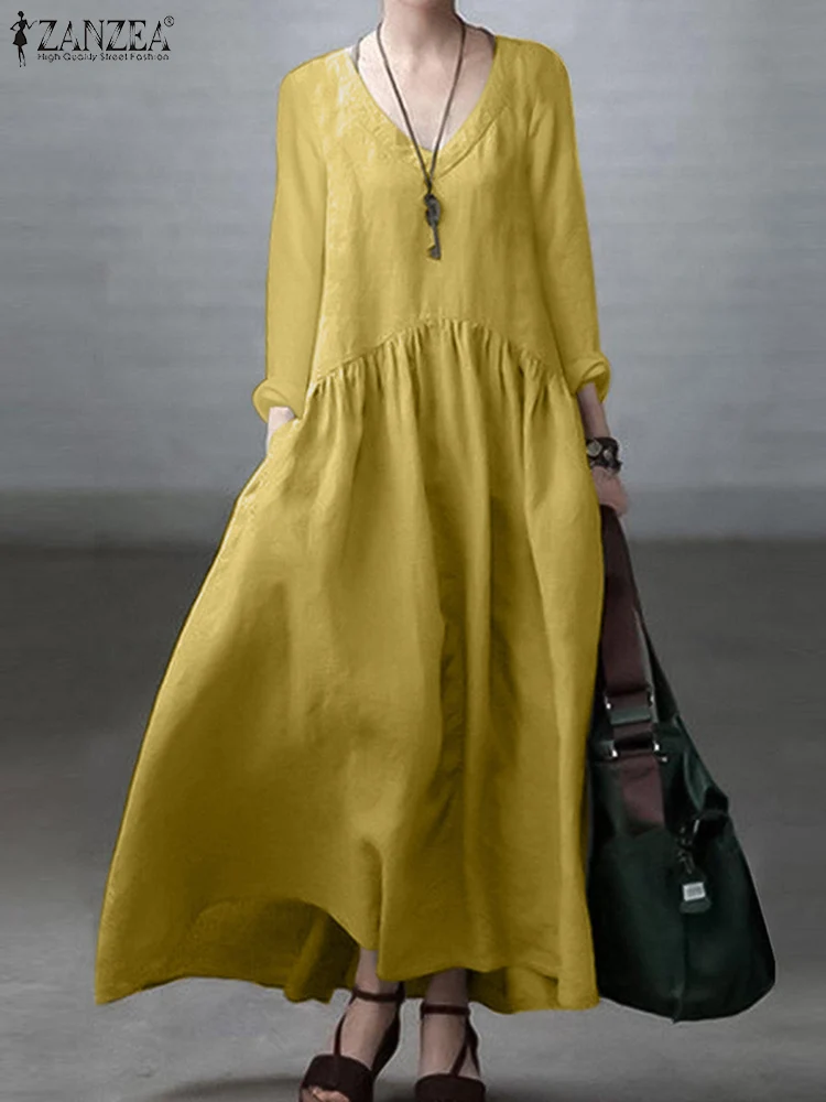 Top Trends: 2023 ZANZEA Autumn Long Sleeve V-Neck Mid-Calf Length Sundress Women Solid Color Baggy Dress Pure Cotton Holiday Loose Dresses Shoppable Styles