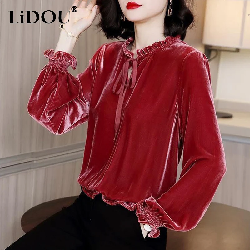 Top Trends: Autumn Winter Oversized Velvet Fungus Edge Lace Up Elegant Shirt Women Princess Sleeve Vintage All-match Bottomed Blouse Femme Shoppable Styles