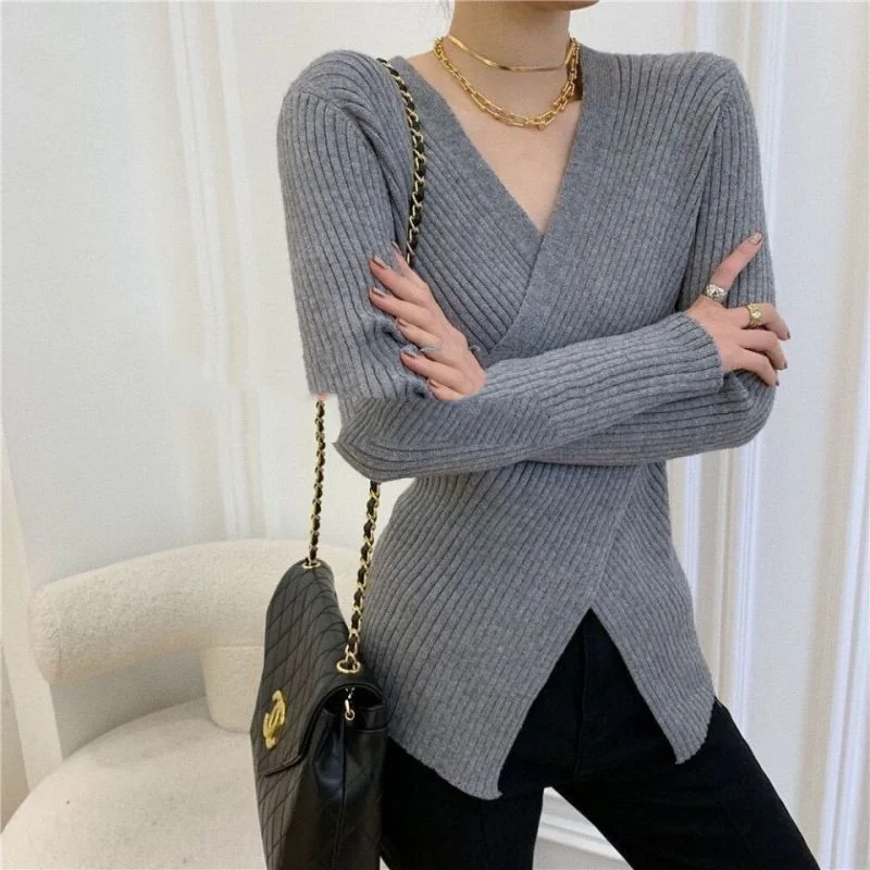 Top Trends: 2023 New Autumn And Winter Fashion Simple And Pure Desire Cross V-neck Slim Fit Long Sleeve Versatile Women&#039;s Knitted Sweater Shoppable Styles