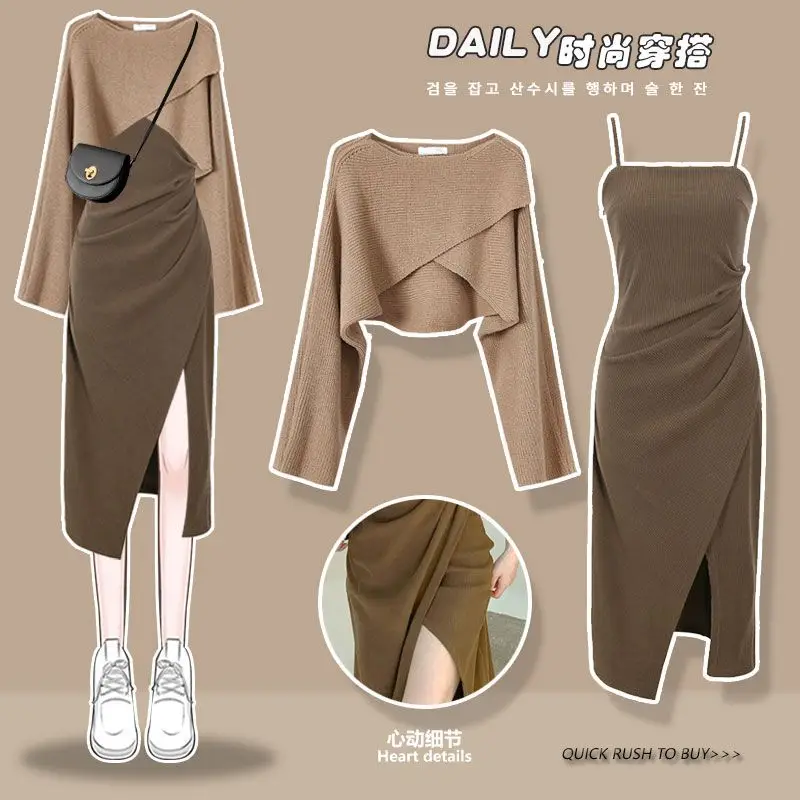 Top Trends: Women's Sweet Spring Autumn Gray Sweater Dress Suit 2023 Korean Lady Dresses Set Casual Outfits Shoppable Styles - Image 3