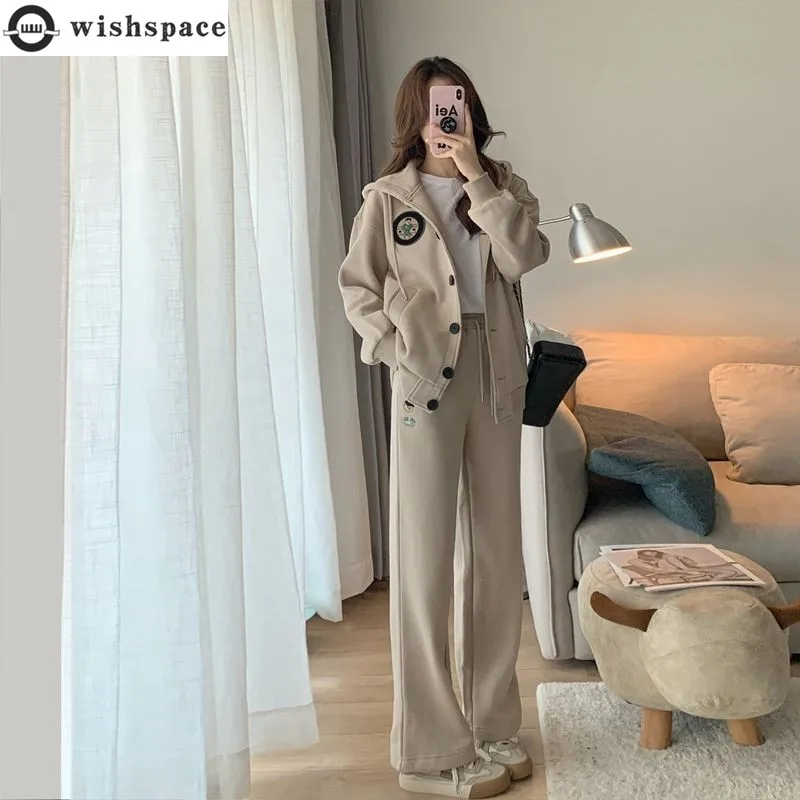 Top Trends: Fashion Sports Set Women's 2023 Autumn / Winter New Korean Hooded Casual Top Wide Leg Pants Elegant Women's Two Piece Set Shoppable Styles