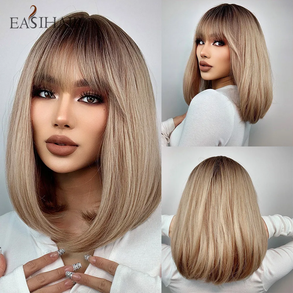 Top Trends: EASIHAIR Short Straight Bob Wigs With Bang Golden Brown Natural Synthetic Hair For Women Daily Cosplay Heat Resistant Fiber Wigs Shoppable Styles