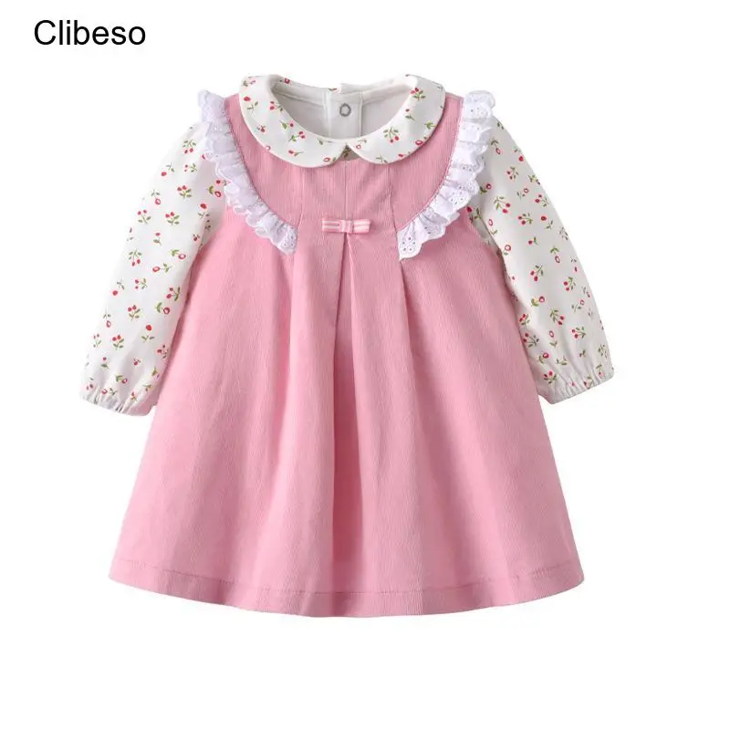 Top Trends: 2024 Clibeso Korean Fashion Baby Girls Dress Set 2 Pcs Kids Floral Cotton Shirts + Lace Pink Dress Children First Birthday Wear Shoppable Styles