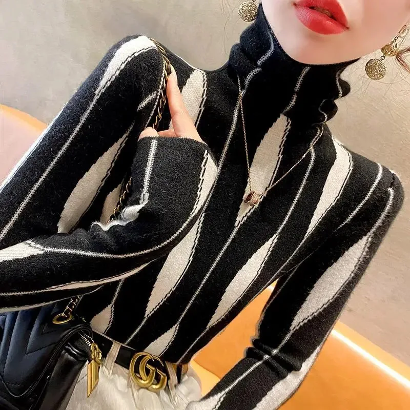 Top Trends: Women Clothes Slim Striped Knitted Sweater Spring Long Sleeve Fashion Sexy Turtleneck Jumper Top Commuting Casual Pullover Shoppable Styles