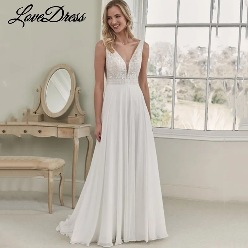 Top Trends: LoveDress Deep V-Neck Wedding Dress Sleeveless A-Line Chiffon Lace Appliques Bride Gown Backless Zipper Train Vestidos De Noiva Shoppable Styles